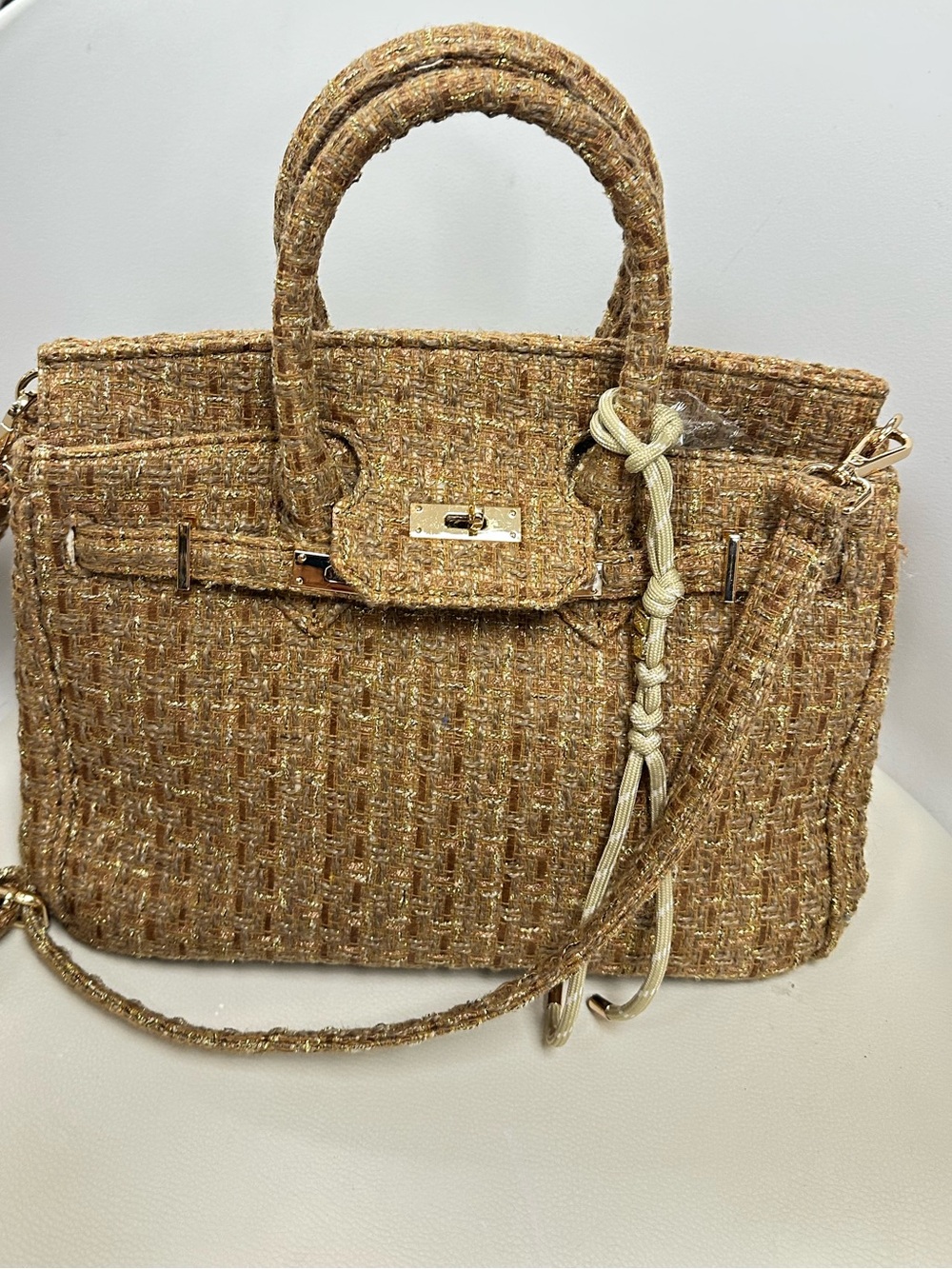 KC Chic Designs Fall Sundara Metallic Woven Satchel Crossbody Purse Gold - Picture 2 of 9